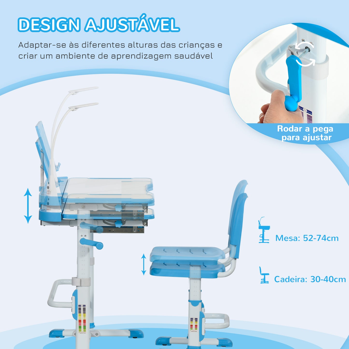 HOMCOM Conjunto de Secretária e Cadeira para Crianças acima de 3 Anos Secretária Infantil com Altura Ajustável Mesa Inclinável Gaveta Lâmpada LED e Suporte para Lápis 80x49,5x80-105cm e 36x34x60-73 cm Azul