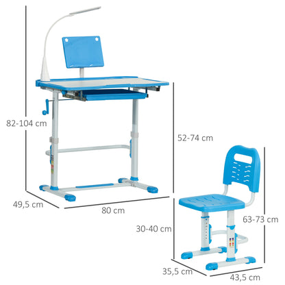 HOMCOM Conjunto de Secretária e Cadeira para Crianças acima de 3 Anos Secretária Infantil com Altura Ajustável Mesa Inclinável Gaveta Lâmpada LED e Suporte para Lápis 80x49,5x80-105cm e 36x34x60-73 cm Azul