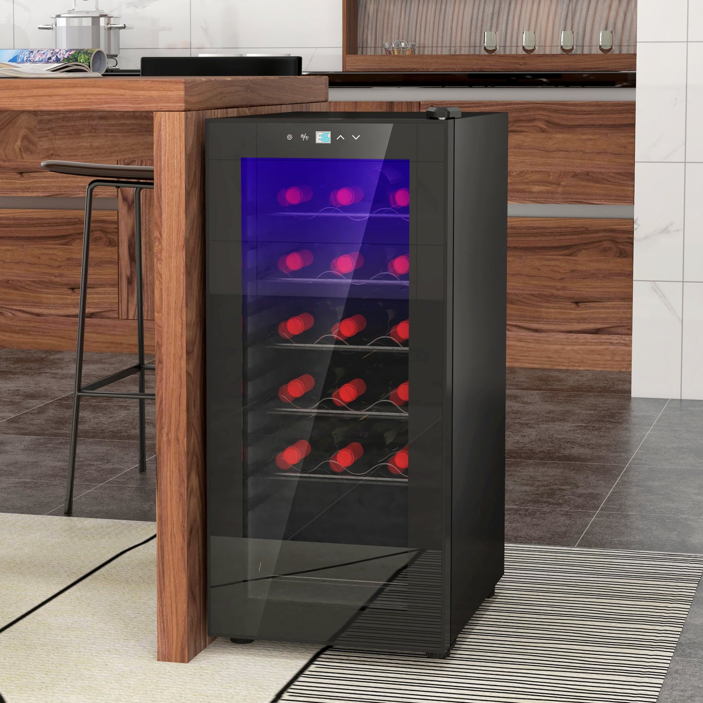 HOMCOM Cave de Vinho 18 Garrafas Cave de Vinho com Luz LED Ecrã Tátil Digital Controlo de Temperatura Porta de Vidro e 5 Prateleiras de Metal Preto