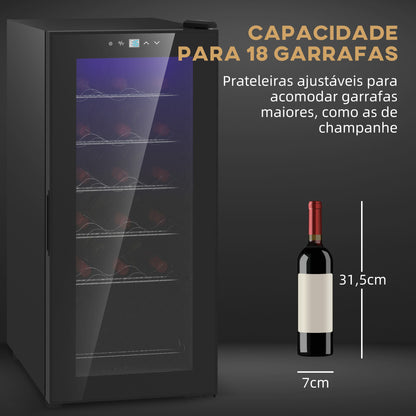 HOMCOM Cave de Vinho 18 Garrafas Cave de Vinho com Luz LED Ecrã Tátil Digital Controlo de Temperatura Porta de Vidro e 5 Prateleiras de Metal Preto