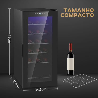 HOMCOM Cave de Vinho 18 Garrafas Cave de Vinho com Luz LED Ecrã Tátil Digital Controlo de Temperatura Porta de Vidro e 5 Prateleiras de Metal Preto