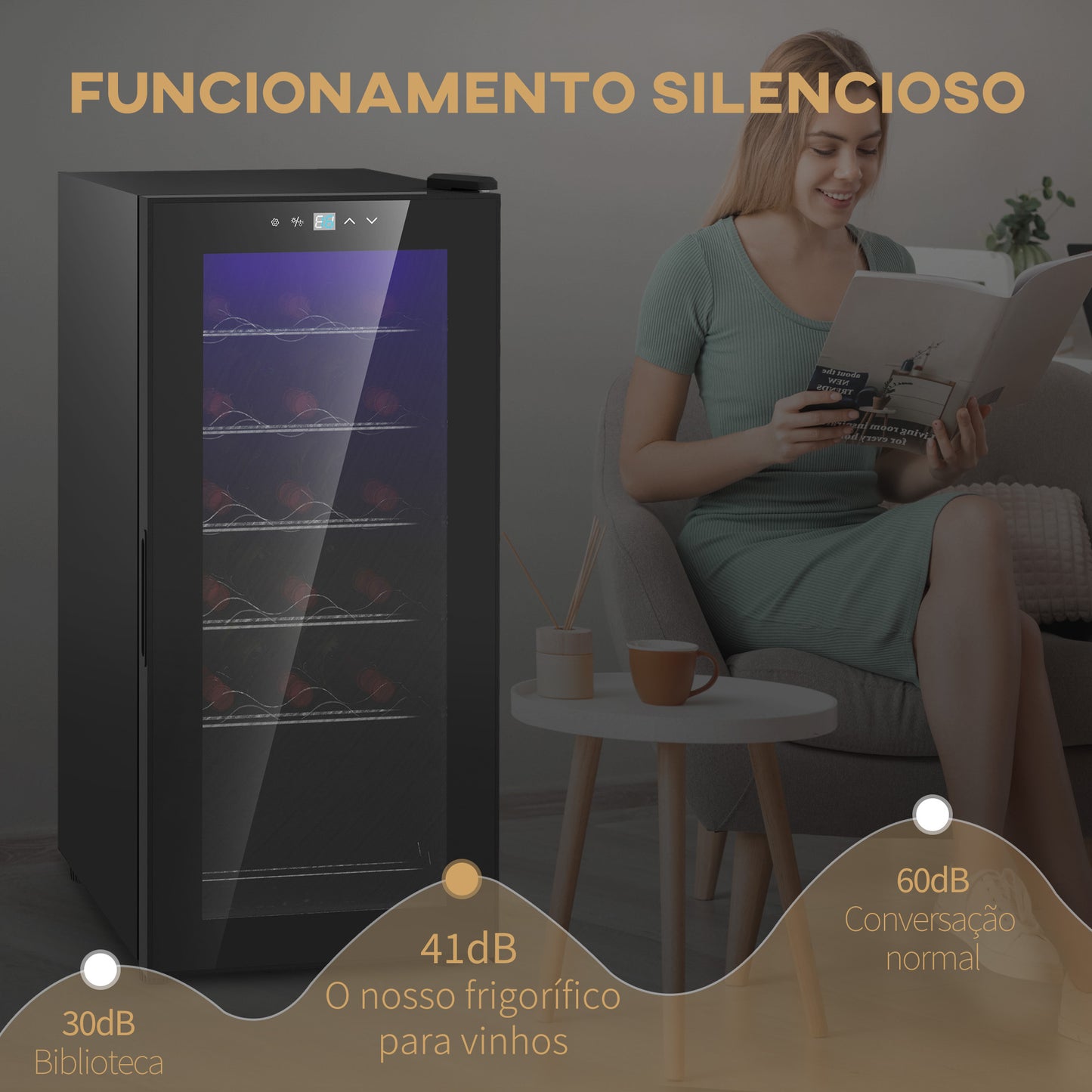 HOMCOM Cave de Vinho 18 Garrafas Cave de Vinho com Luz LED Ecrã Tátil Digital Controlo de Temperatura Porta de Vidro e 5 Prateleiras de Metal Preto