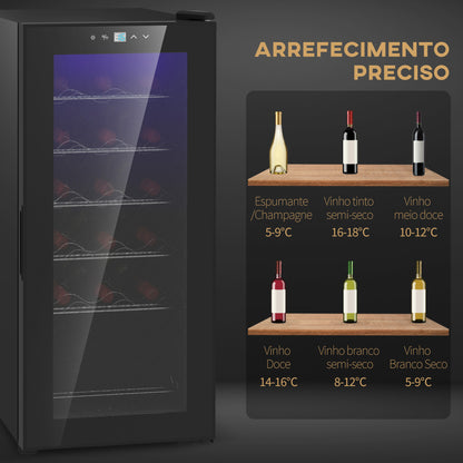 HOMCOM Cave de Vinho 18 Garrafas Cave de Vinho com Luz LED Ecrã Tátil Digital Controlo de Temperatura Porta de Vidro e 5 Prateleiras de Metal Preto