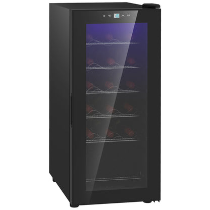 HOMCOM Cave de Vinho 18 Garrafas Cave de Vinho com Luz LED Ecrã Tátil Digital Controlo de Temperatura Porta de Vidro e 5 Prateleiras de Metal Preto