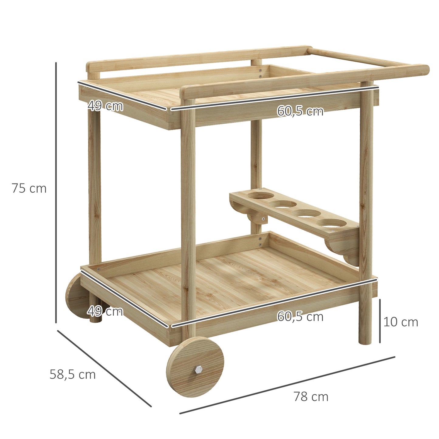 Outsunny Carrinho de Madeira com Rodas Carrinho de Serviço com 2 Prateleiras 4 Porta-copos e Alça para Jardim Terraço Pátio 78x58,5x75 cm Natural