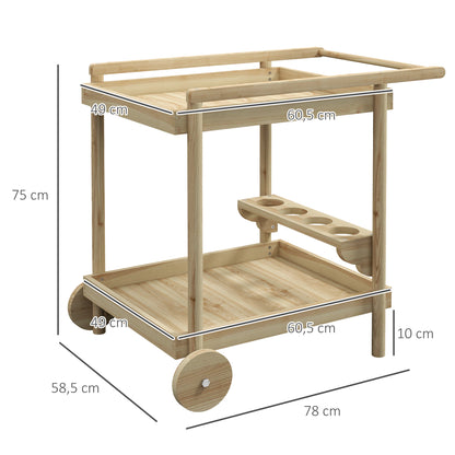 Outsunny Carrinho de Madeira com Rodas Carrinho de Serviço com 2 Prateleiras 4 Porta-copos e Alça para Jardim Terraço Pátio 78x58,5x75 cm Natural