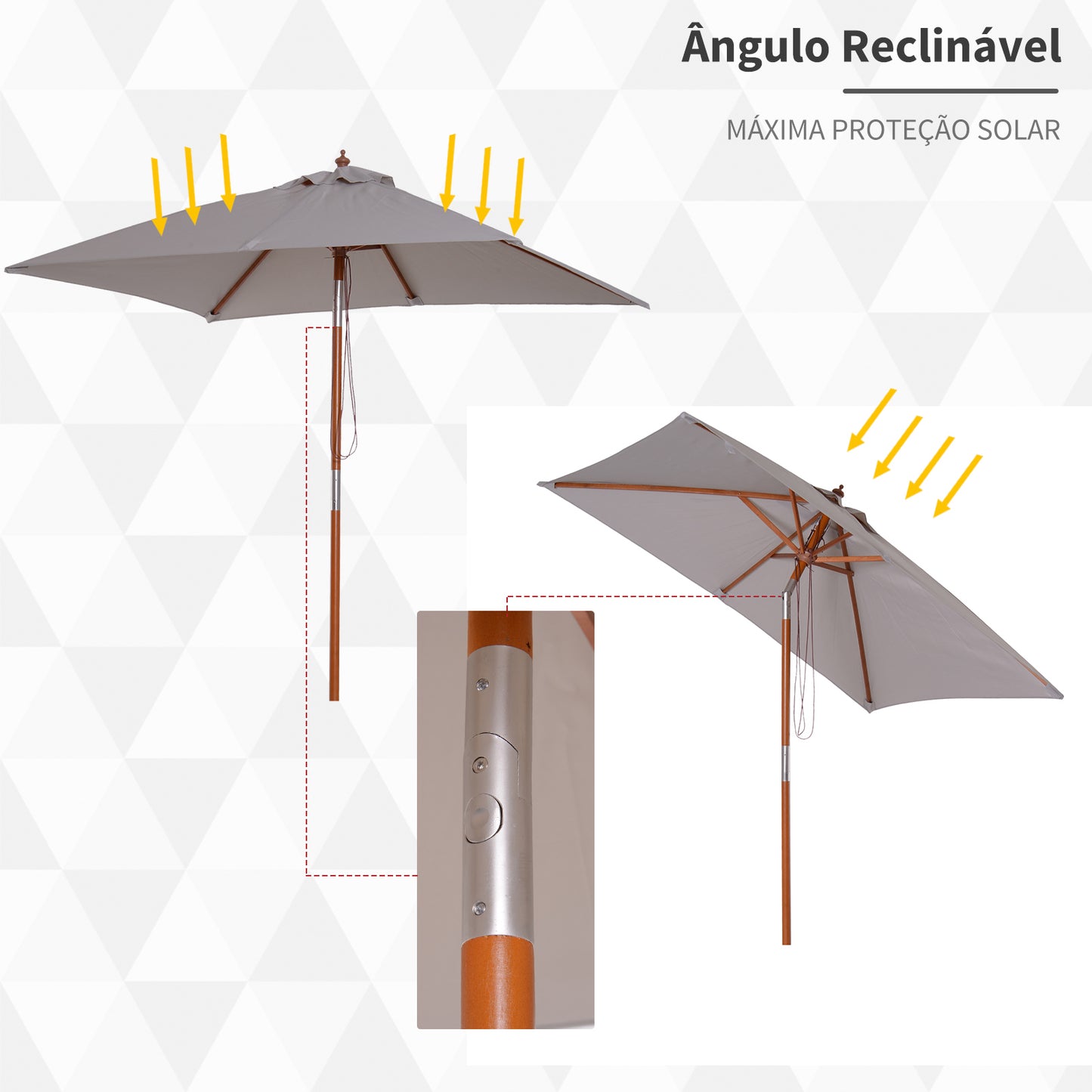 Outsunny Chapéu de Sol de Jardim 200x150x235cm Chapéu de Sol Retangular Inclinável com Polia Duplo Teto e Mastro Desmontável de Madeira para Terraço Pátio Cinza