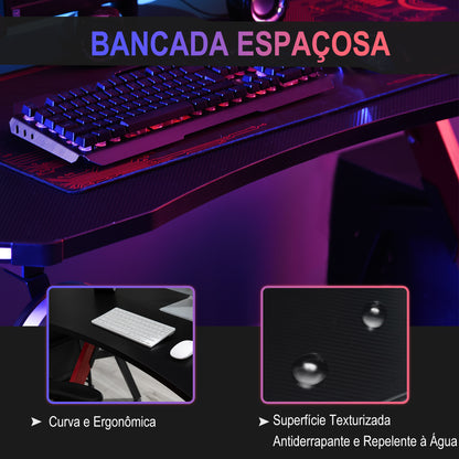 HOMCOM Mesa de Gaming com LED RGB Secretária de Computador com Porta Copos Gancho para Fone de Ouvido Suporte para Controle Gamepad e Luz com Controle Remoto 120x66x76cm Preto e Vermelho