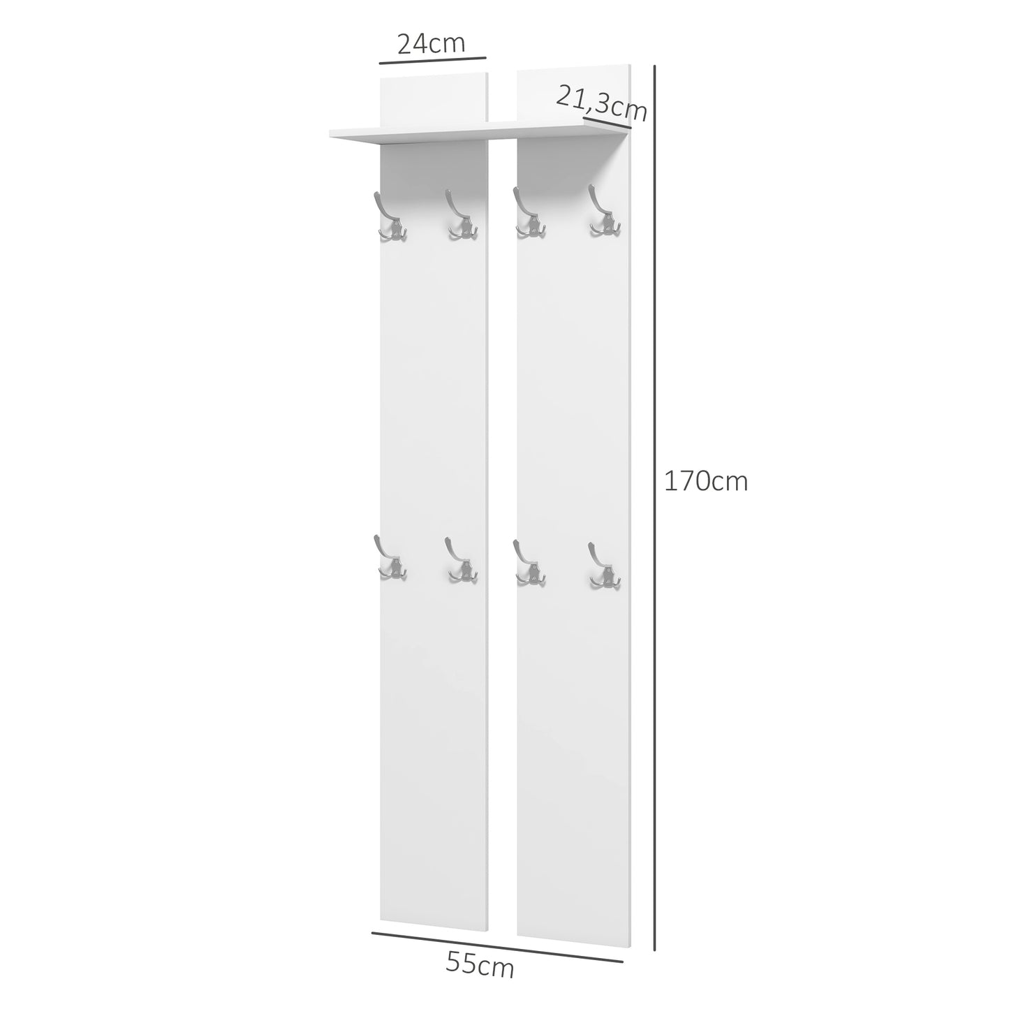 HOMCOM Móvel Cabide de Entrada de Parede Móvel de Entrada Moderno com 8 Ganchos e Prateleira para Entrada Corredor 55x21,3x170 cm Branco