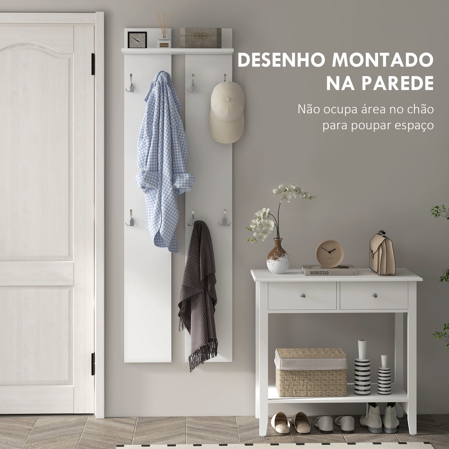 HOMCOM Móvel Cabide de Entrada de Parede Móvel de Entrada Moderno com 8 Ganchos e Prateleira para Entrada Corredor 55x21,3x170 cm Branco