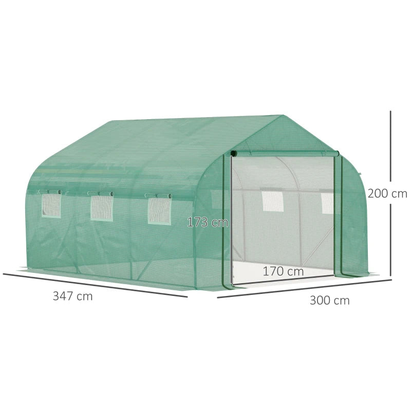 Estufa de Túnel 3,5x3x2m Estufa de Jardim com Porta e 6 Janelas Enroláveis de Polietileno Metal Galvanizado para Cultivos de Plantas Flores Verde