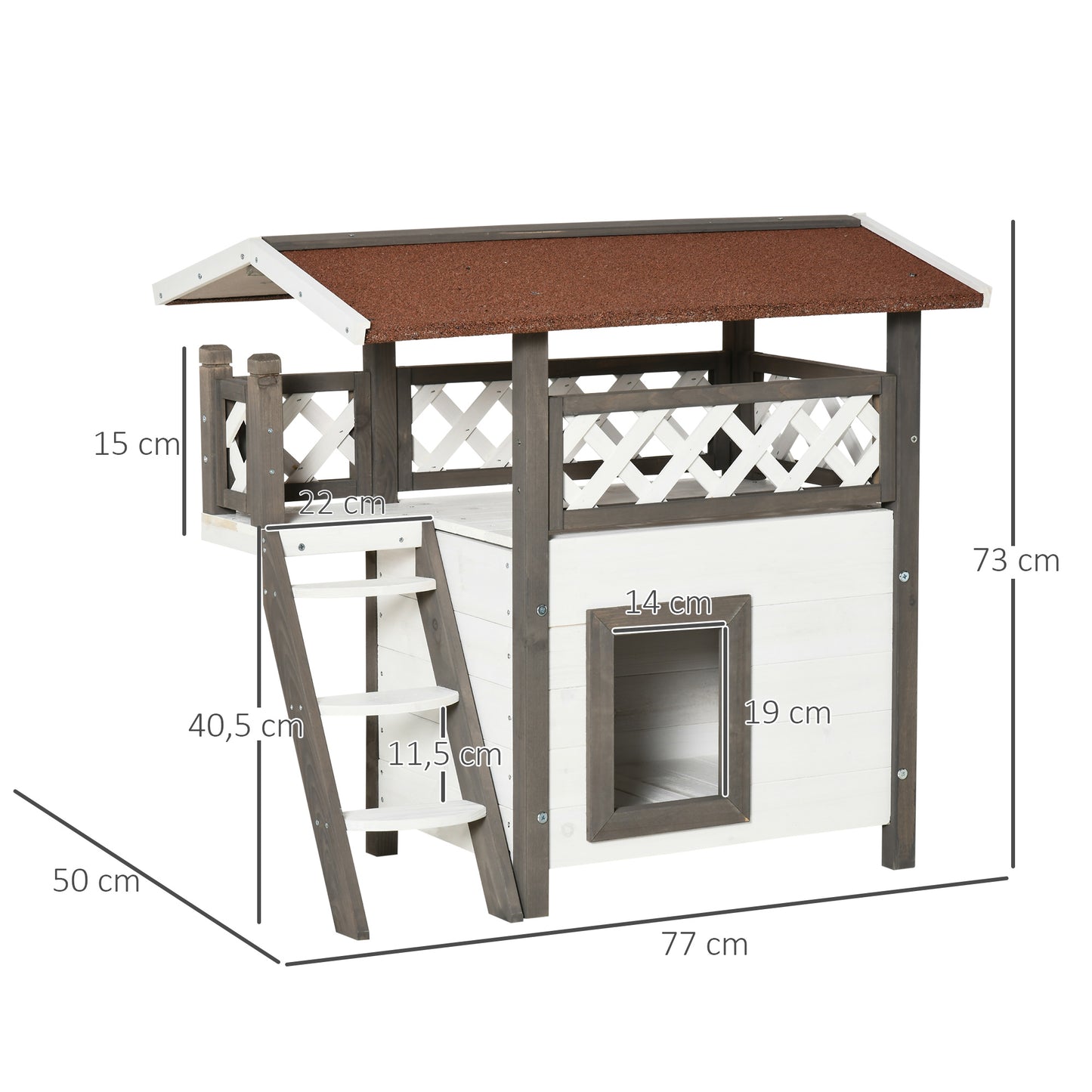 PawHut Casa para Gatos de Madeira 77x50x73cm Casa para Gatos com 2 Níveis com Teto Asfáltico Terraço Cercado Caverna e Escada para Interior e Exterior Branco e Cinza