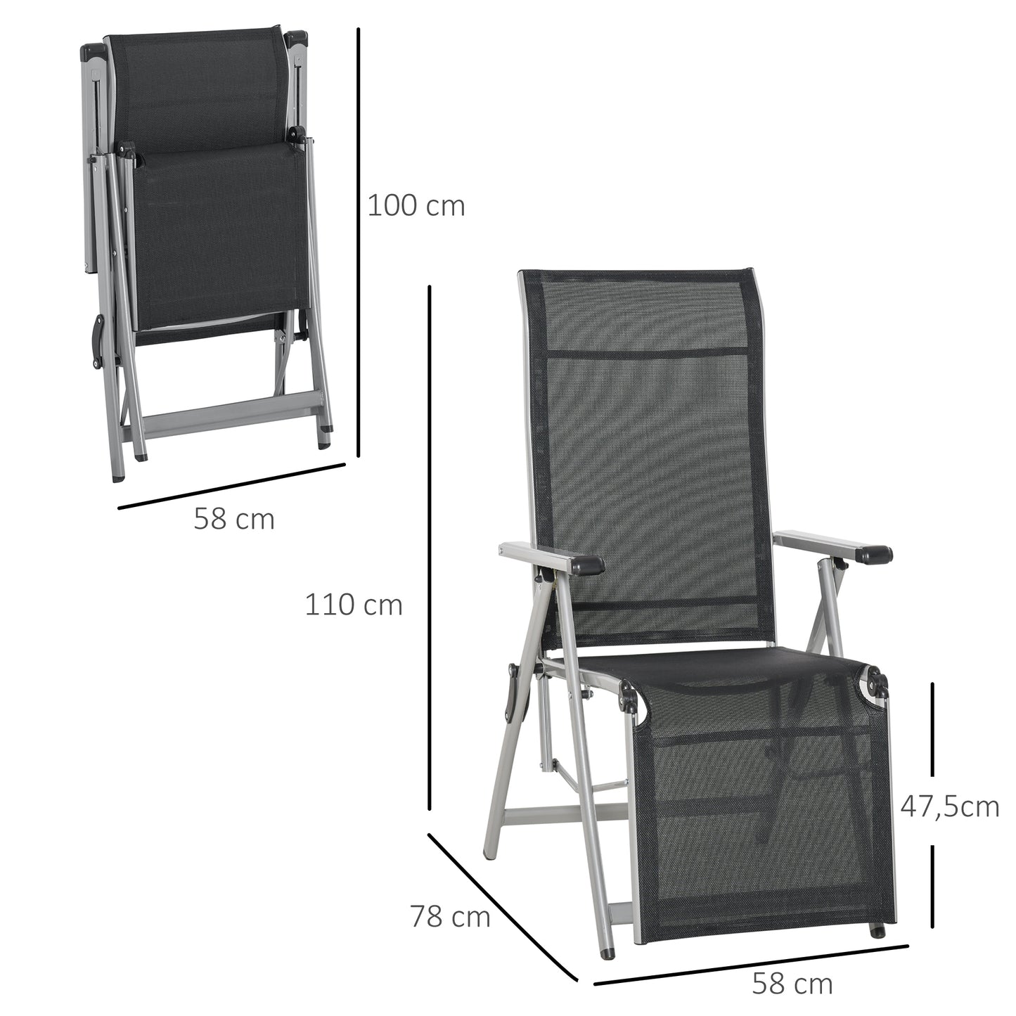 Outsunny Conjunto de 2 Espreguiçadeiras Reclináveis e Dobráveis Espreguiçadeiras de Jardim com Encosto e Apoios para os Pés Ajustáveis em 10 Posições Carga 120 kg 78x58x110 cm Negro