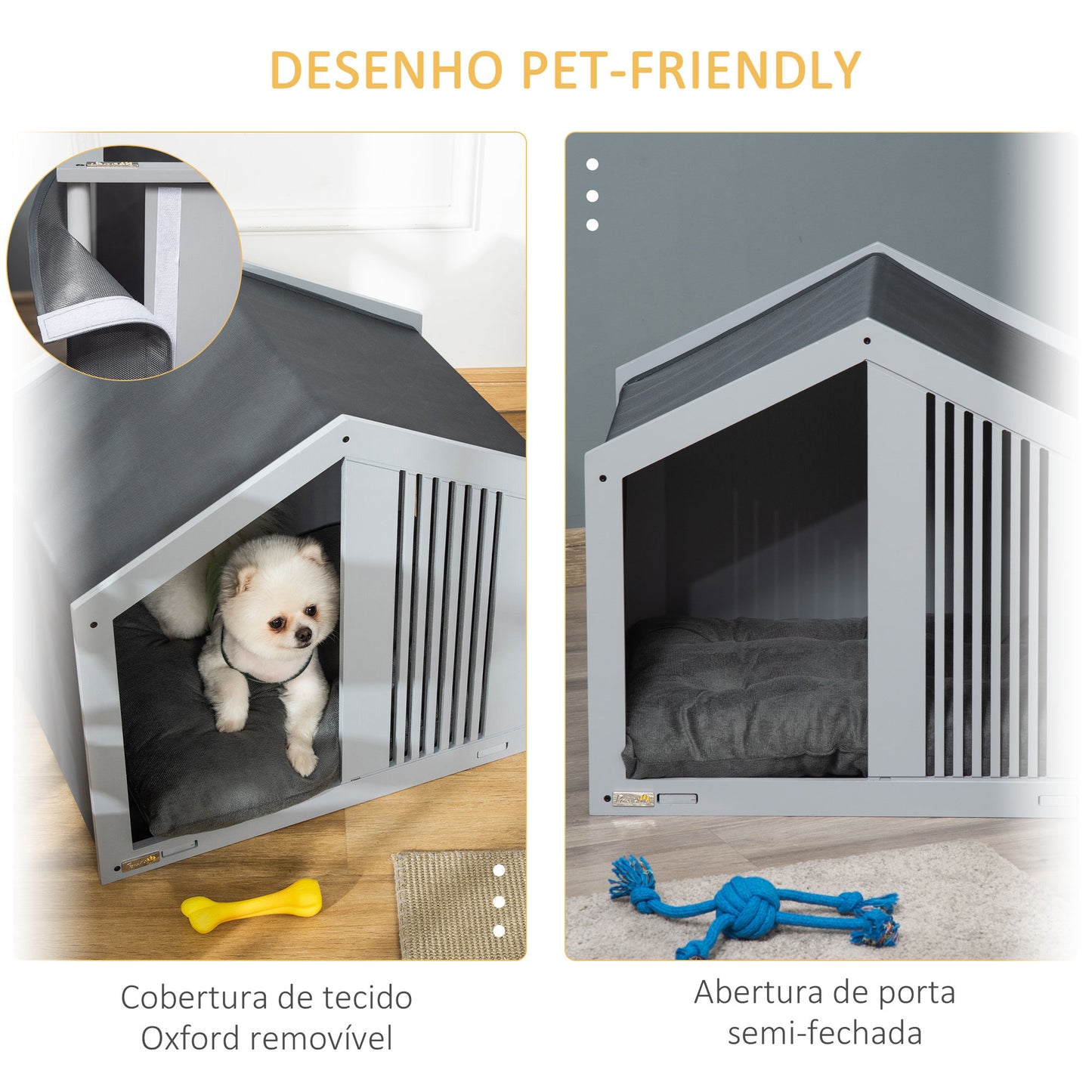 PawHut Casa de Madeira para Cães Pequenos Casa para Animais de Estimação Interior com Almofada Acolchoada Grossa Cobertura de Tecido Oxford Removível e Ventilações 60x43x55 Cinza