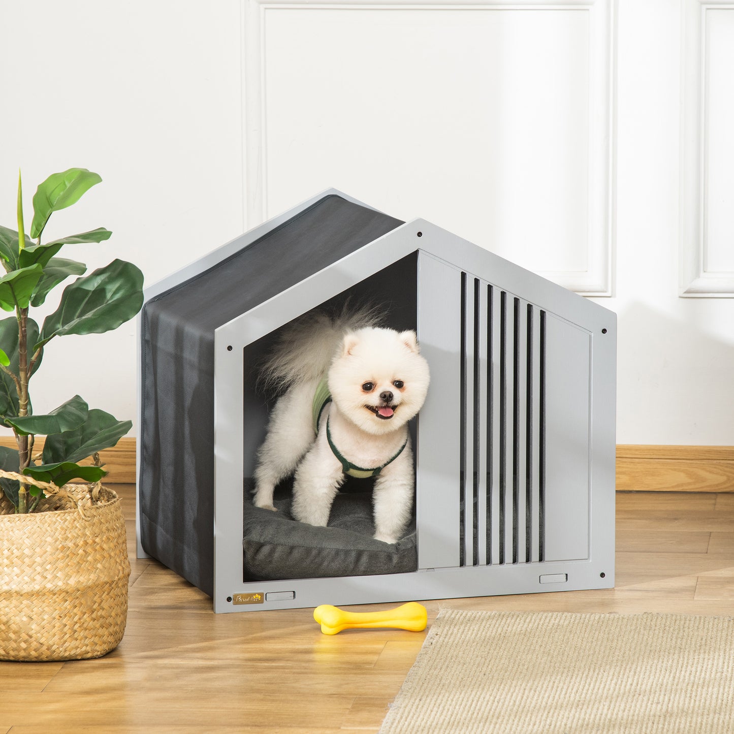 PawHut Casa de Madeira para Cães Pequenos Casa para Animais de Estimação Interior com Almofada Acolchoada Grossa Cobertura de Tecido Oxford Removível e Ventilações 60x43x55 Cinza