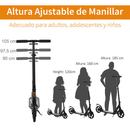 HOMCOM Trotinete dobrável com o guiador ajustável para adultos e crianças (maiores de 14 anos) com freio Rodas Grandes 100 kg de carga Preto