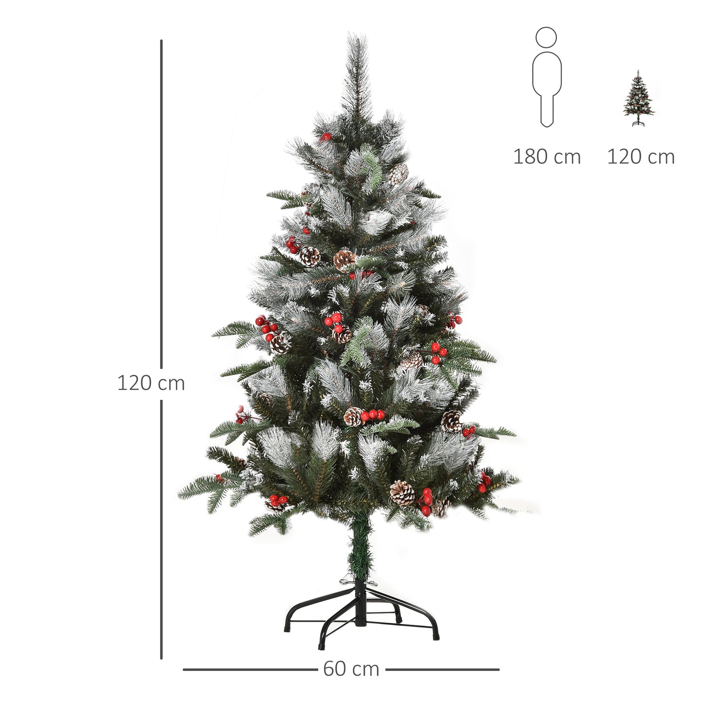 HOMCOM Árvore de Natal Artificial 120cm com 239 Ramas 27 Pinhas e 27 Frutinhas Folhas de PVC PE Base Dobrável e Suporte Metálico Decoração de Natal para Interiores Verde