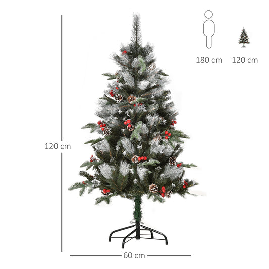 HOMCOM Árvore de Natal Artificial 120cm com 239 Ramas 27 Pinhas e 27 Frutinhas Folhas de PVC PE Base Dobrável e Suporte Metálico Decoração de Natal para Interiores Verde