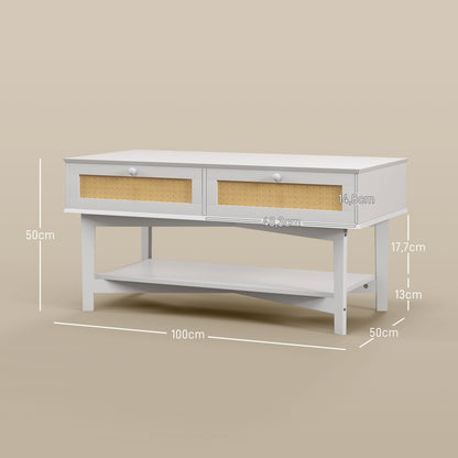 HOMCOM Mesa de Centro com 2 Gavetas Decorativas de Vime e Prateleira de Armazenamento Inferior para Sala de Estar Escritório Carga 50 kg 100x50x50 cm Branco