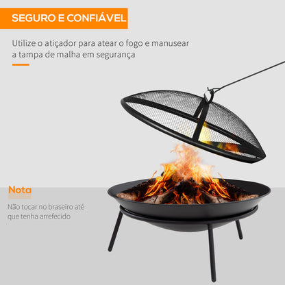 Outsunny Braseiro de Exterior Braseiro de Metal com Tampa Protetora de Faíscas e Atiçador para Varanda Campismo Ar Livre Ø47x33 cm Preto