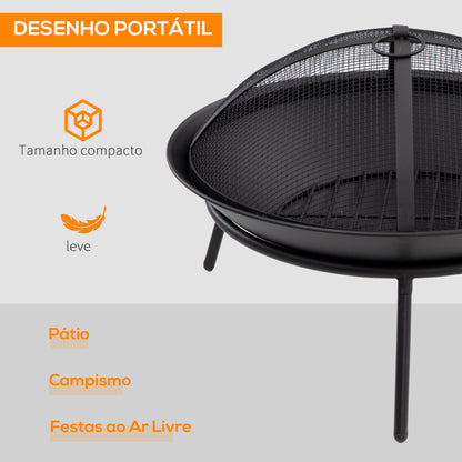 Outsunny Braseiro de Exterior Braseiro de Metal com Tampa Protetora de Faíscas e Atiçador para Varanda Campismo Ar Livre Ø47x33 cm Preto