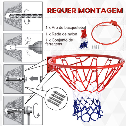 HOMCOM Cesta de Basquetebol de Parede Ø46 cm Aro de Basquetebol com Rede Estrutura Metálica 12 Ganchos para Interior e Exterior Vermelho