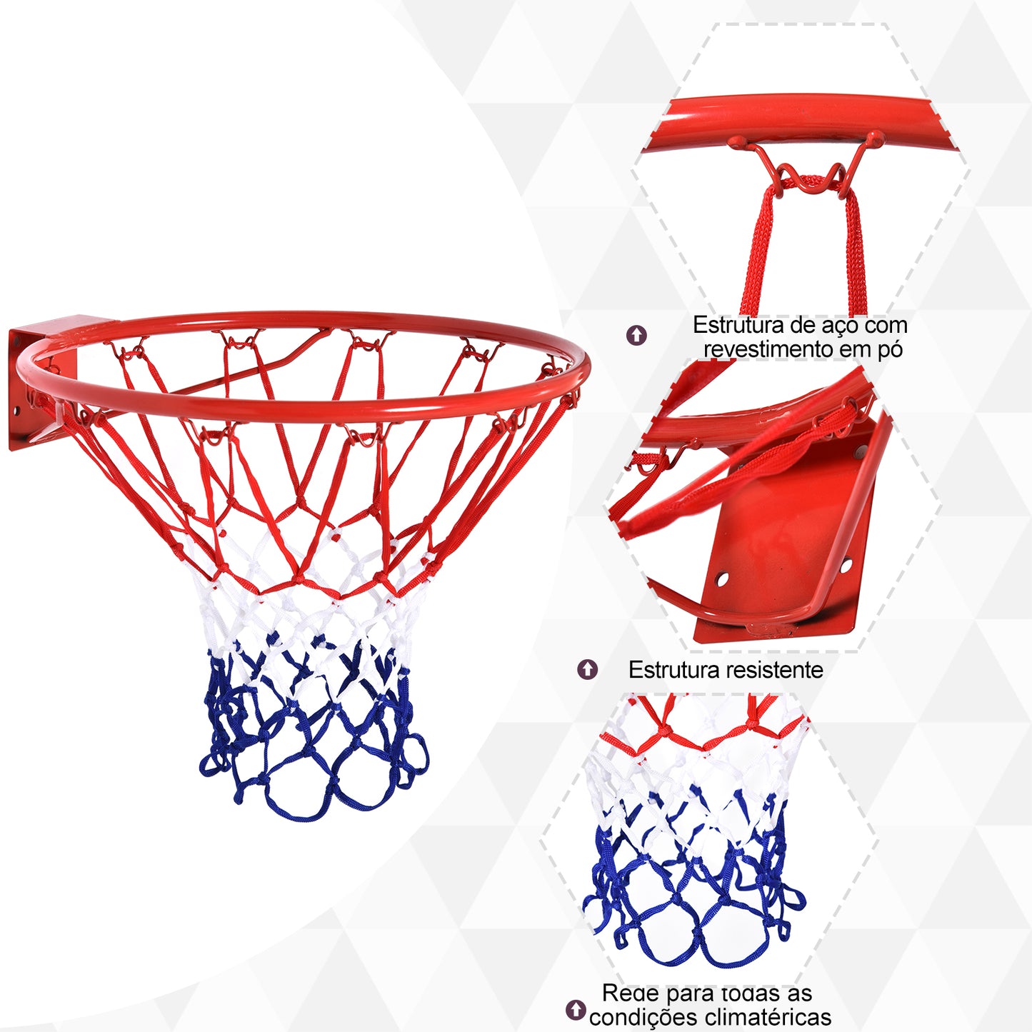 HOMCOM Cesta de Basquetebol de Parede Ø46 cm Aro de Basquetebol com Rede Estrutura Metálica 12 Ganchos para Interior e Exterior Vermelho