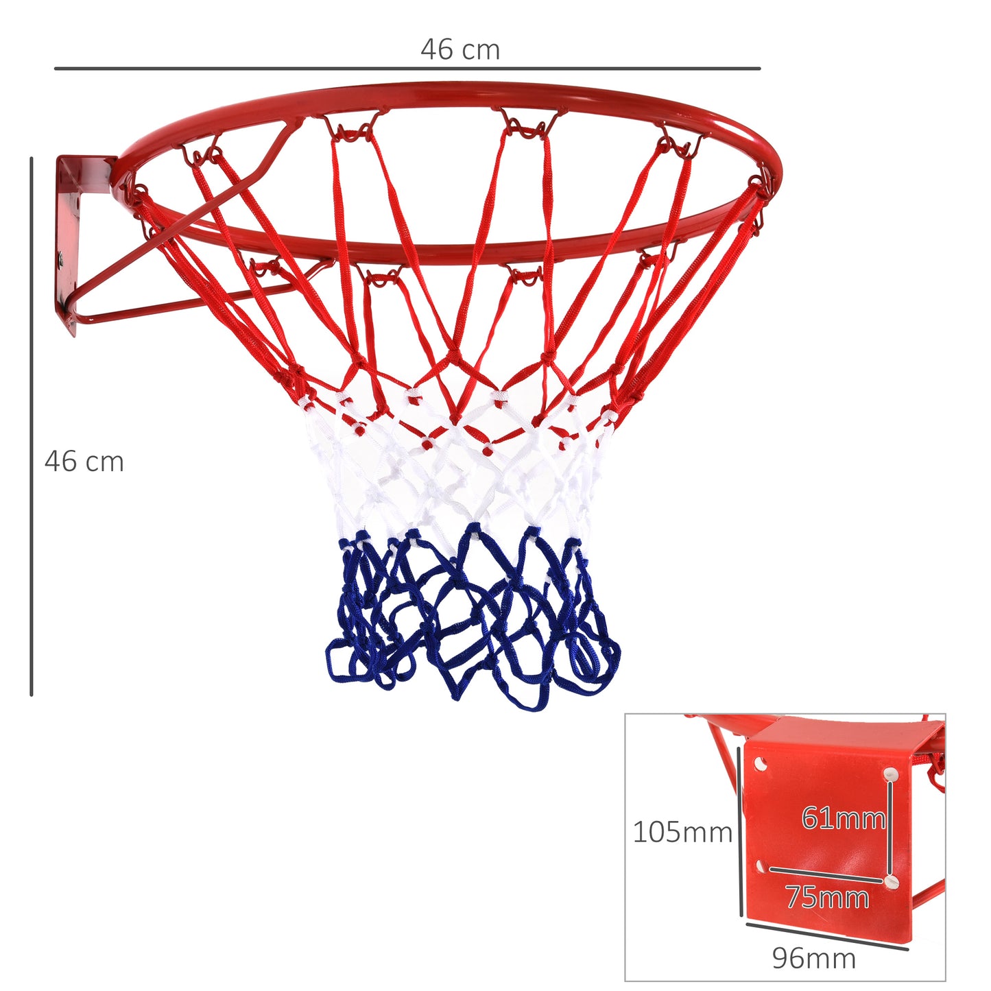 HOMCOM Cesta de Basquetebol de Parede Ø46 cm Aro de Basquetebol com Rede Estrutura Metálica 12 Ganchos para Interior e Exterior Vermelho