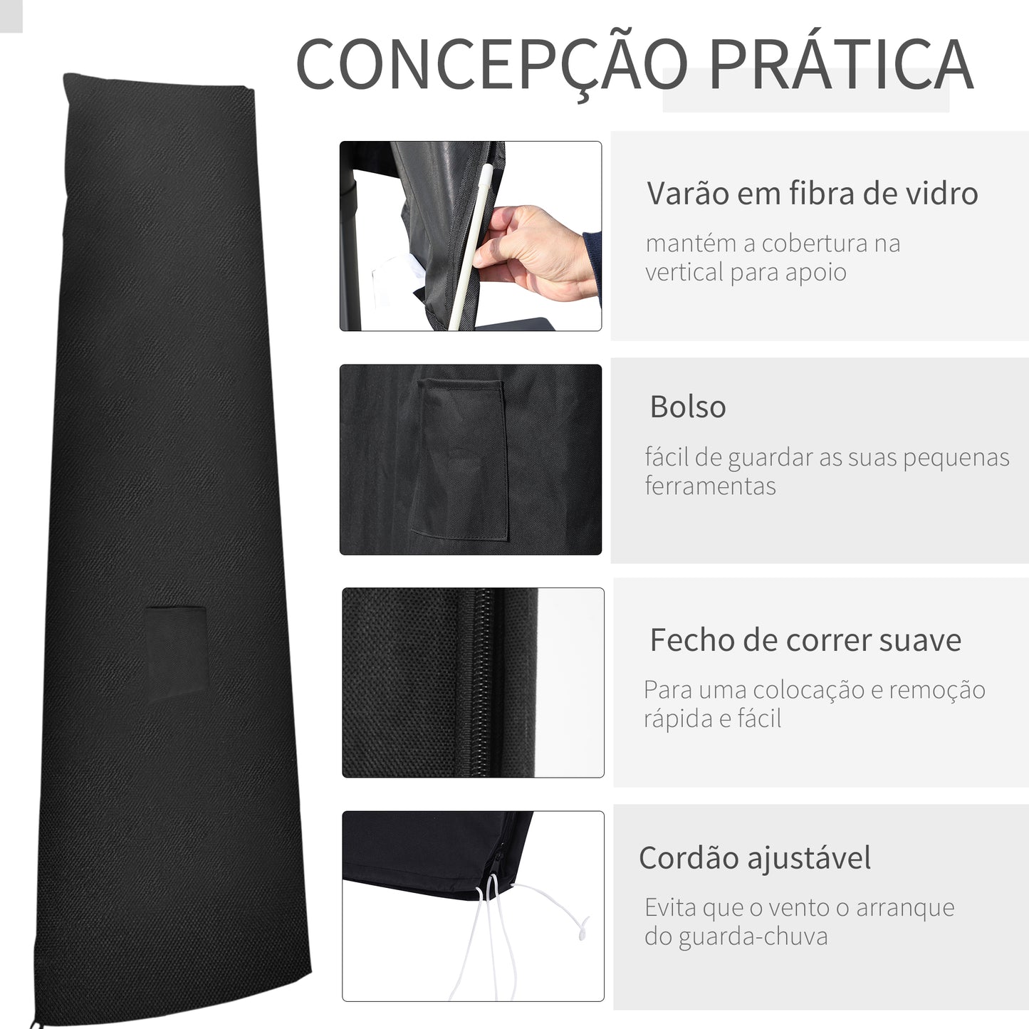 Outsunny Capa para Chapéu de Sol de Jardim Capa Protetora para Chapéu de Sol Impermeável em Tela Oxford 300D com Fecho de Correr e Haste de Suporte Dobrável 48x70x240 cm Preto