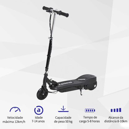 Trotinete Elétrica Criança De 7-14 Anos E-Scooter Dobrável Guiador Ajustável 12km/h Bateria Recarregável 12V Skate 120W Carga 50kg Preto