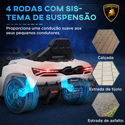 AIYAPLAY Carro Elétrico para Crianças acima de 3 Anos Carro Lamborghini Revuelto Carro Elétrico para Crianças com Bateria 12V Controlo Remoto Faróis LED Buzina Música e Rodas Auxiliares 105x60x40 cm Branco