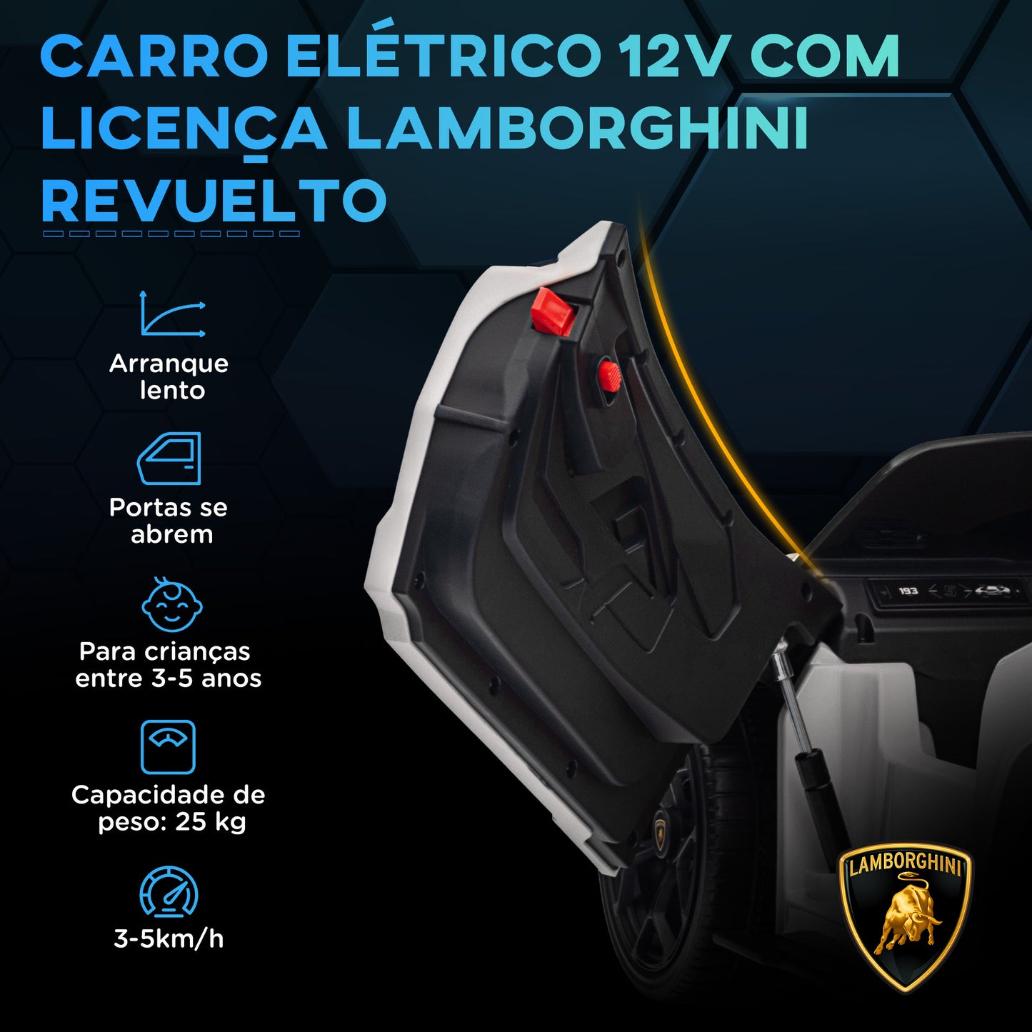 AIYAPLAY Carro Elétrico para Crianças acima de 3 Anos Carro Lamborghini Revuelto Carro Elétrico para Crianças com Bateria 12V Controlo Remoto Faróis LED Buzina Música e Rodas Auxiliares 105x60x40 cm Branco