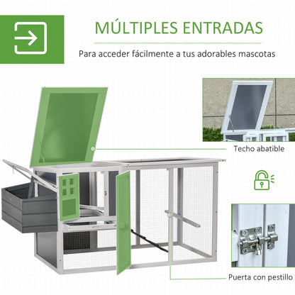 PawHut Galinheiro de Madeira para Exterior Gaiola para 2-3 Galinhas com Caixa Ninho Cercado de Metal Teto de Policarbonato Bandeja Removível e Rampa 162x76,5x79,5cm Cinza