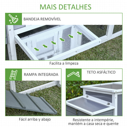 PawHut Galinheiro de Madeira para Exterior Gaiola para 2-3 Galinhas com Caixa Ninho Cercado de Metal Teto de Policarbonato Bandeja Removível e Rampa 162x76,5x79,5cm Cinza