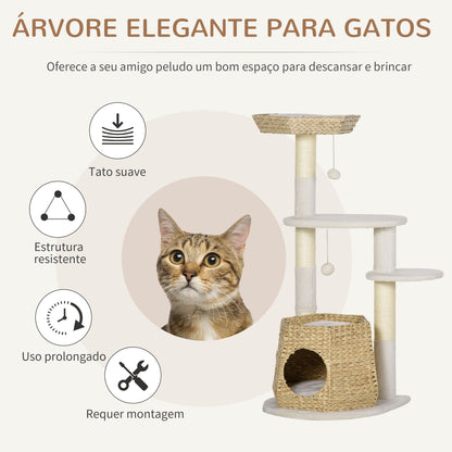 PawHut Árvore Arranhador para Gatos Médios Altura 119cm Torre para Gatos com Cama Superior Almofadas 2 Plataformas Poste de Sisal Caverna e Bolas Suspensas 50x50x119cm Bege e Creme