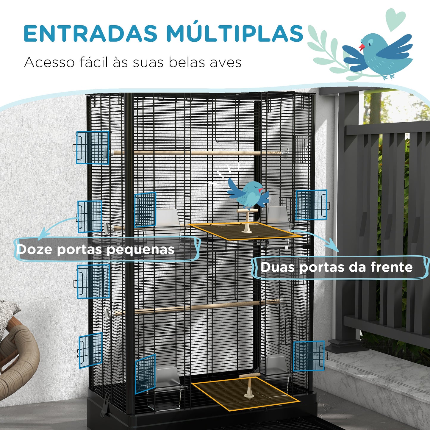 PawHut Gaiola para Pássaros 61x36,5x98 cm Gaiola para Aves com Portas Poleiros Bandeja Removível Caixas de Comida e Alças para Canários Periquitos Preto