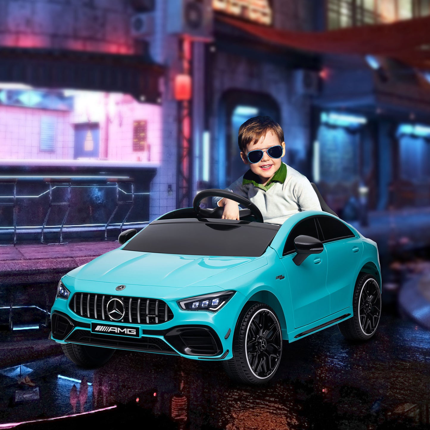 AIYAPLAY Carro Elétrico para Crianças acima de 3 Anos Carro Mercedes AMG CLA 45 Carro Elétrico Infantil com Bateria 12V Controlo Remoto Faróis LED Buzina Música e Rodas Auxiliares Azul Turquesa