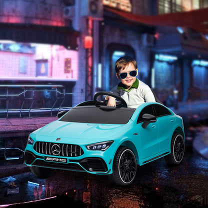 AIYAPLAY Carro Elétrico para Crianças acima de 3 Anos Carro Mercedes AMG CLA 45 Carro Elétrico Infantil com Bateria 12V Controlo Remoto Faróis LED Buzina Música e Rodas Auxiliares Azul Turquesa