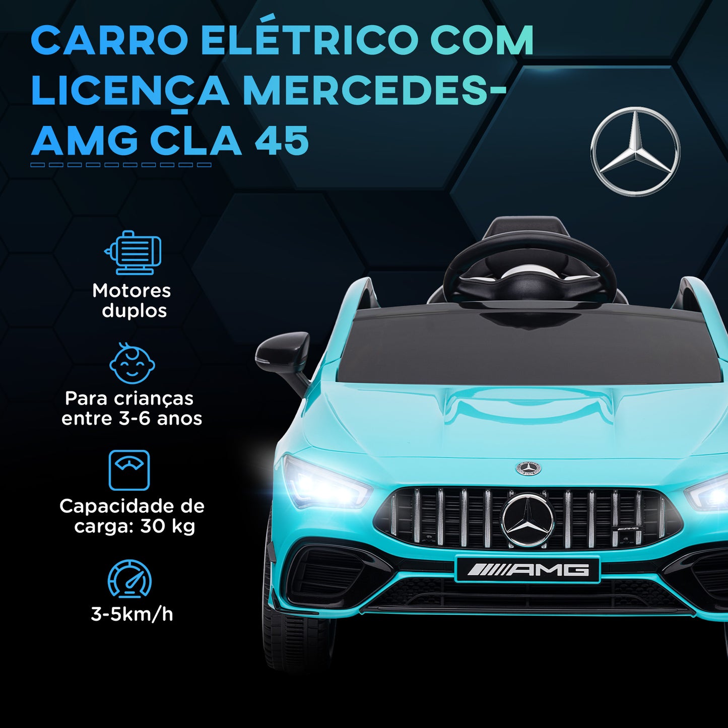 AIYAPLAY Carro Elétrico para Crianças acima de 3 Anos Carro Mercedes AMG CLA 45 Carro Elétrico Infantil com Bateria 12V Controlo Remoto Faróis LED Buzina Música e Rodas Auxiliares Azul Turquesa