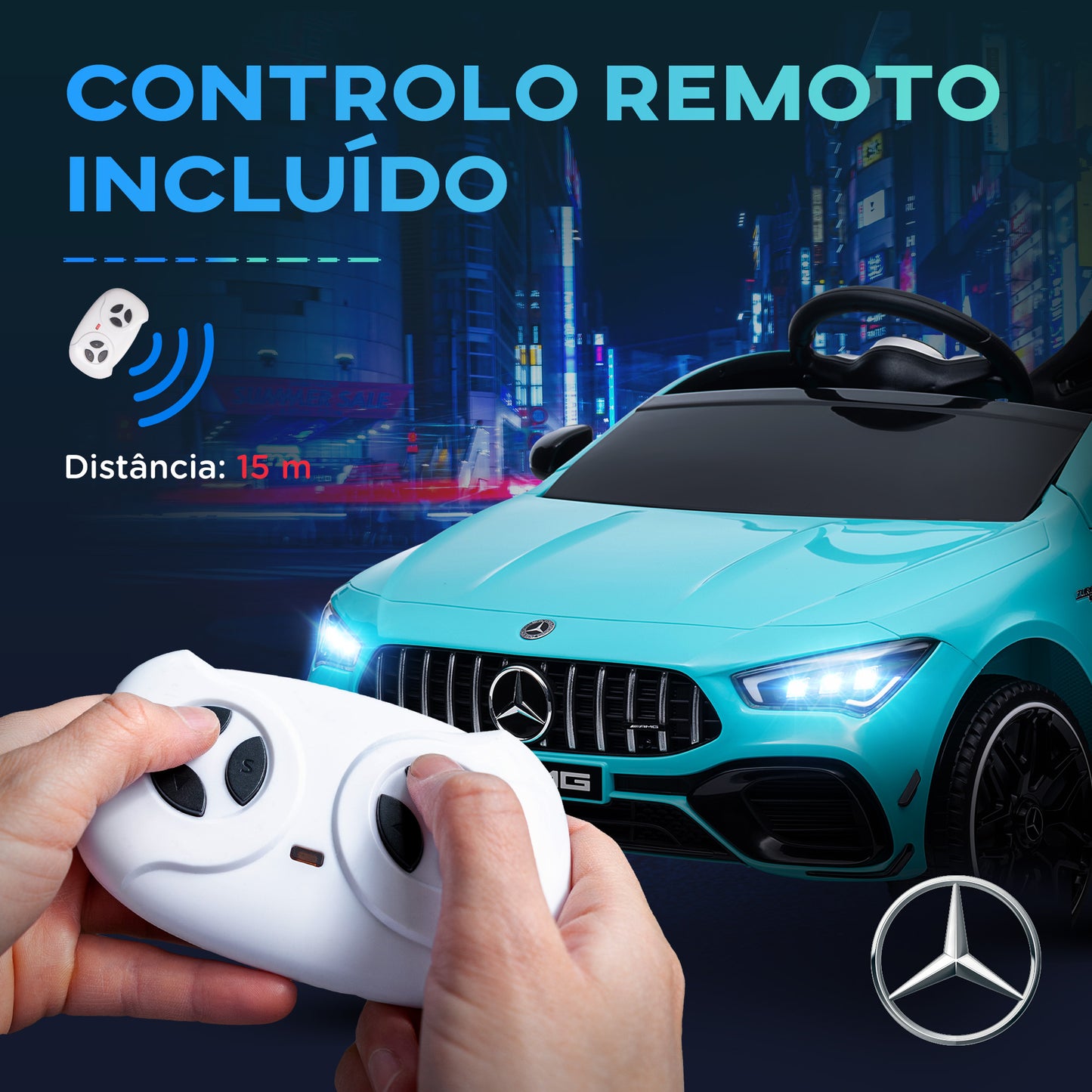 AIYAPLAY Carro Elétrico para Crianças acima de 3 Anos Carro Mercedes AMG CLA 45 Carro Elétrico Infantil com Bateria 12V Controlo Remoto Faróis LED Buzina Música e Rodas Auxiliares Azul Turquesa