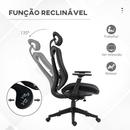 Vinsetto Cadeira de Escritório de Malha Cadeira de Escritório Reclinável com Apoio para a Cabeça Ajustável Suporte Lombar e Apoio para os Braços Carga 150 kg 70x66x120-128 cm Preto