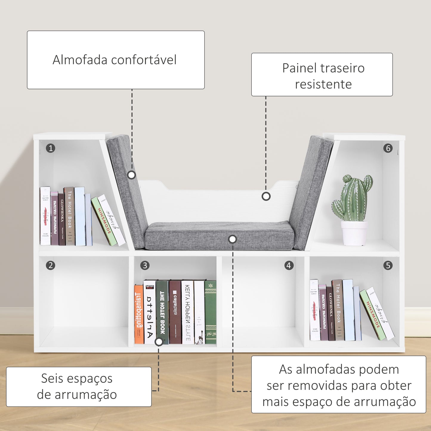 HOMCOM Estante com assento 6 cubo Estante infantil original Sapateiro com almofada Prateleira com banco multiuso 102x30x61cm