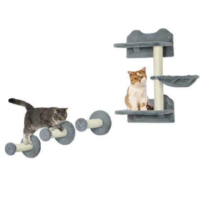 PawHut Conjunto de Prateleiras de Parede para Gatos de 4 Peças Arranhador de Parede para Gatos com 3 Postes de Sisal Rede e 1 Plataforma para Saltar de 3 Níveis Cinza