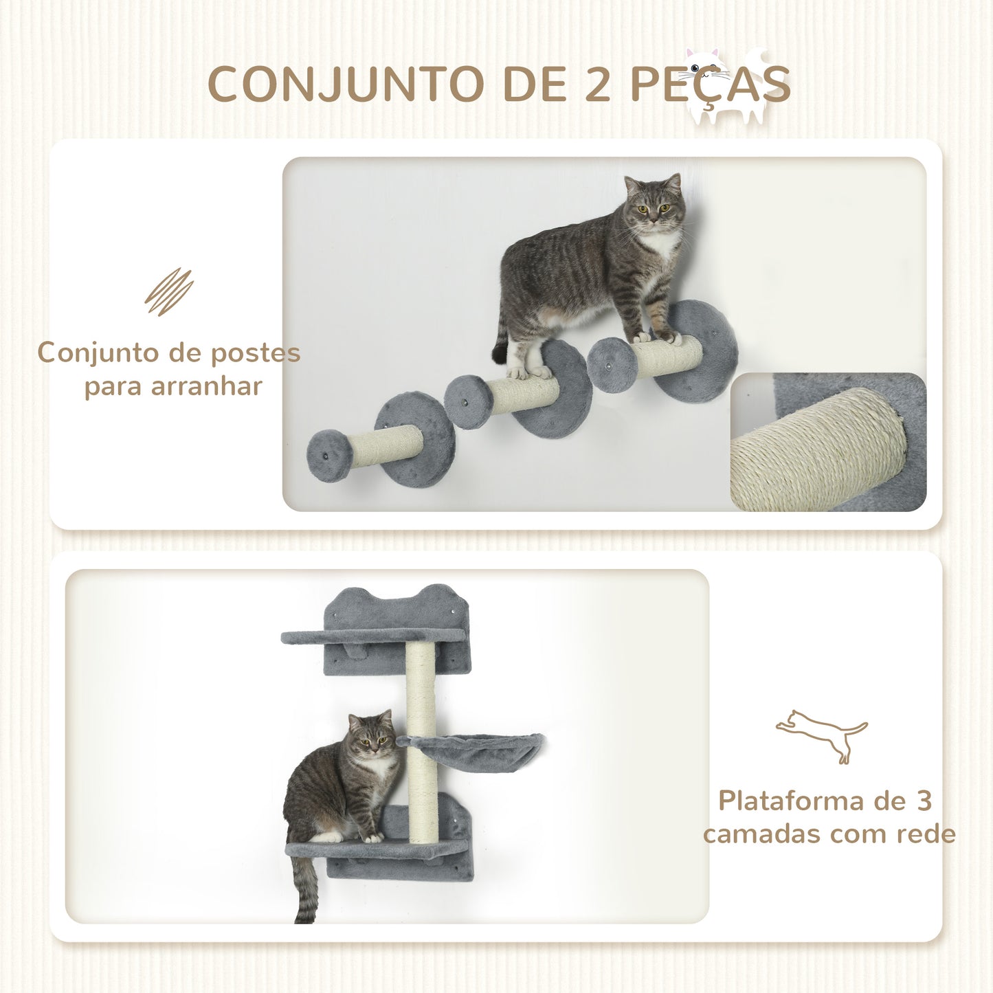 PawHut Conjunto de Prateleiras de Parede para Gatos de 4 Peças Arranhador de Parede para Gatos com 3 Postes de Sisal Rede e 1 Plataforma para Saltar de 3 Níveis Cinza