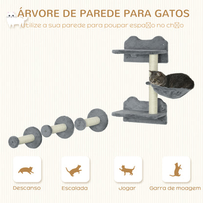 PawHut Conjunto de Prateleiras de Parede para Gatos de 4 Peças Arranhador de Parede para Gatos com 3 Postes de Sisal Rede e 1 Plataforma para Saltar de 3 Níveis Cinza