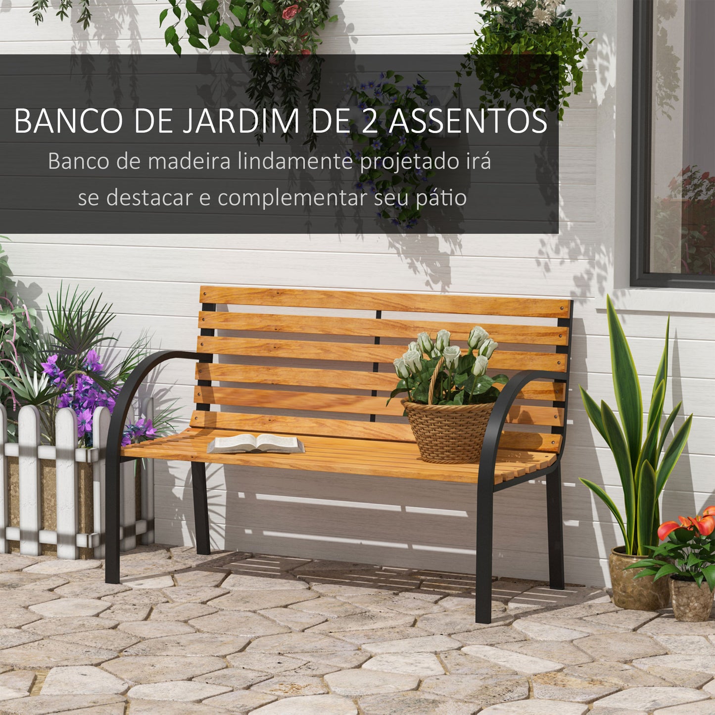 Outsunny Banco de jardim 2 lugares com encosto e apoios de braços Ripas de madeira e estrutura de aço Carga 230 kg 122x60x80 cm Cor natural e preto