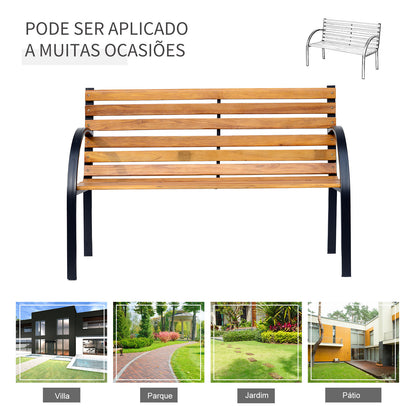 Outsunny Banco de jardim 2 lugares com encosto e apoios de braços Ripas de madeira e estrutura de aço Carga 230 kg 122x60x80 cm Cor natural e preto