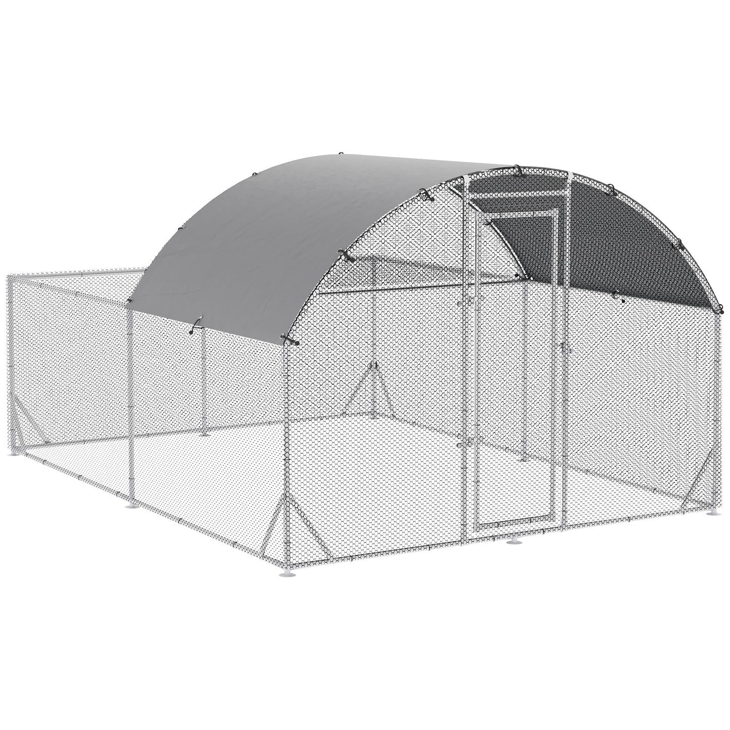 PawHut Galinheiro de Exterior Grande 380x280x195cm Gaiola para 10-12 Galinhas de Aço Galvanizado com 2 Ambientes Teto com Cobertura de Tecido e Cerca para Coelhos Patos Prata