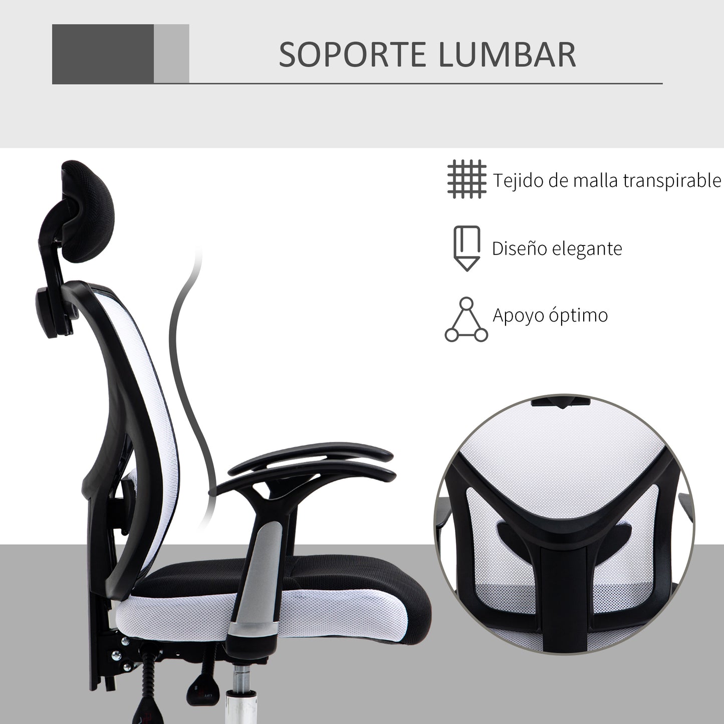 Cadeira de Escritório Ergonômica Cadeira de Escritório Giratória com Altura Ajustável Função Reclinável Apoio para a Cabeça e Suporte Lombar 65x67x108-118cm Branco