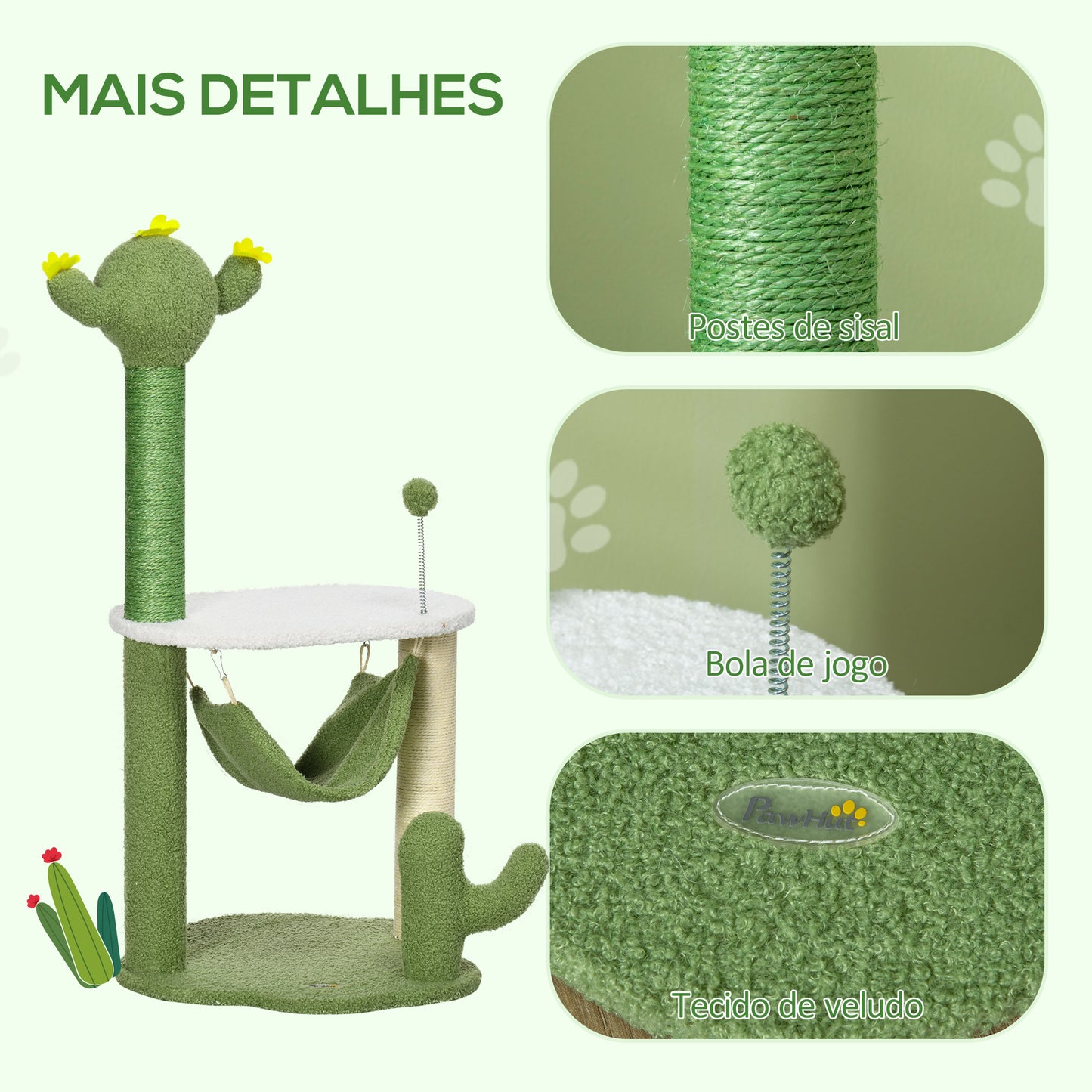 PawHut Árvore Arranhador para Gatos com Forma de Cacto Altura 90cm Torre para Gatos com Rede Plataforma Postes de Sisal e Bola Divertida 45x45x90cm Verde